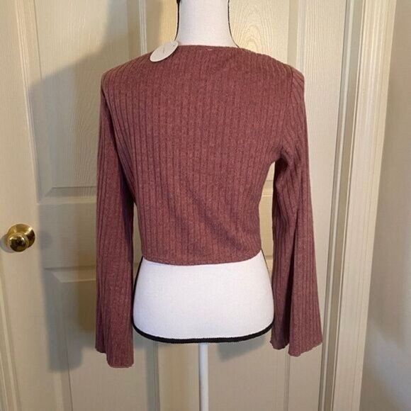 NWT En Creme women''s maroon ribbed v-neck tied front long sleeve sweater size L - Picture 6 of 11